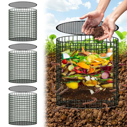 U0U 3 Pack Inground Worm Composting Bin, Detachable Worm Bins for Composting,Metal Compost Bin Outdoor for Recycling Kitchen Food Waste (3, Black)