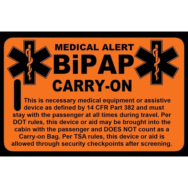 Safety Orange Carry-On BiPAP  Bag Tag - TSA - Sleep Apnea