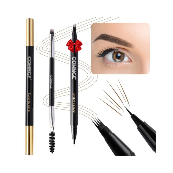 Microblading Eyebrow Pen, Dual-ended Brow and Liner Definer, Hair-like Brow Pencil with Brush, Long-lasting Microblade Effect, Precision Brow Shaping Tool for Natural Looking Eyebrows, Brown