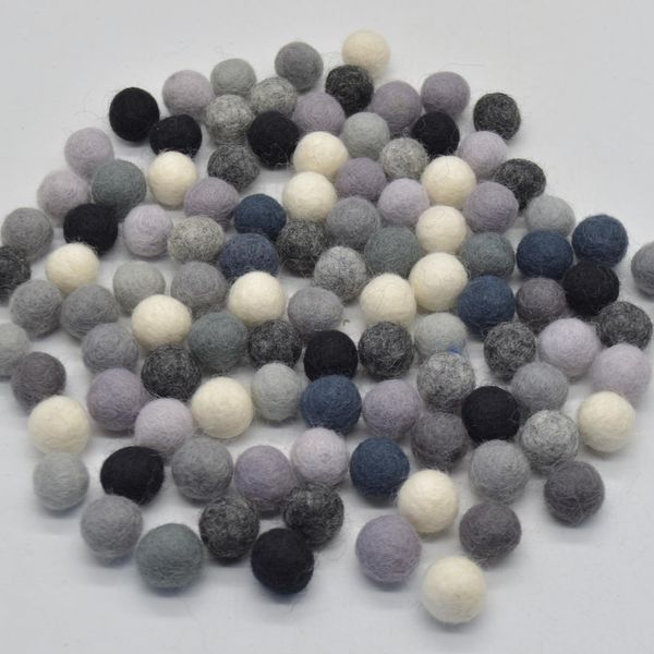 100% Wool Felt Balls - 1.5cm - 100 Count - Assorted Grey, Black and White Colours