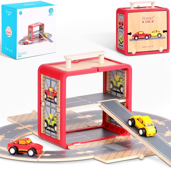 UDEAS Wooden Toy Car Set for Toddlers, Car Track and Parking Garage Playset, Toy Vehivle Set with Blocks Storage Box for Kids Boys and Girls