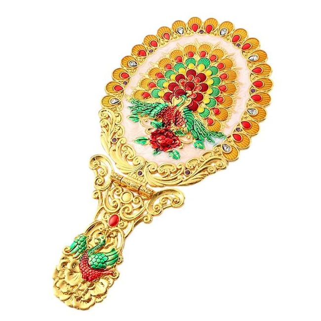 Queen-b Hand Mirror, Peacock, Foldable, Hand Mirror, Tabletop Stand, Mirror, Makeup Mirror, Compact, Stylish, Cute, Antique, Makeup, Portable, Gold