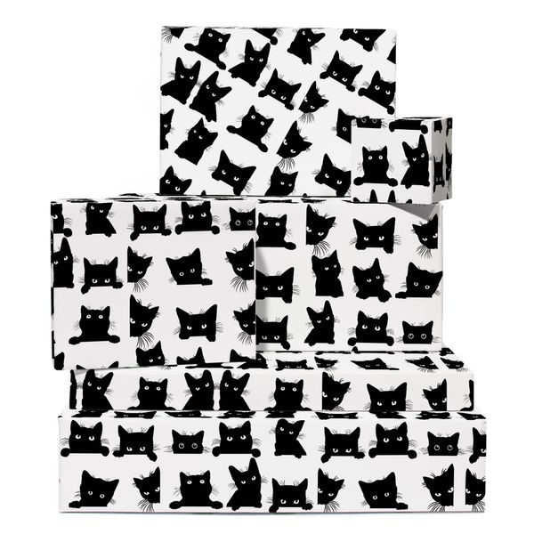 Cat Wrapping Paper - Black Cat - Eco-friendly - 6 Sheets Christmas Wrap - For Cat Mum Fur Parent - Comes With Stickers - By Central 23