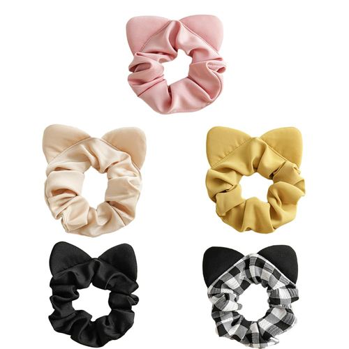 5Pcs Mouse Ear Scrunchies for Hair, Solid Plaid Hair Ties for Girls Kids Women Cute Chiffon Hair Scrunchies for Birthday Party Gift