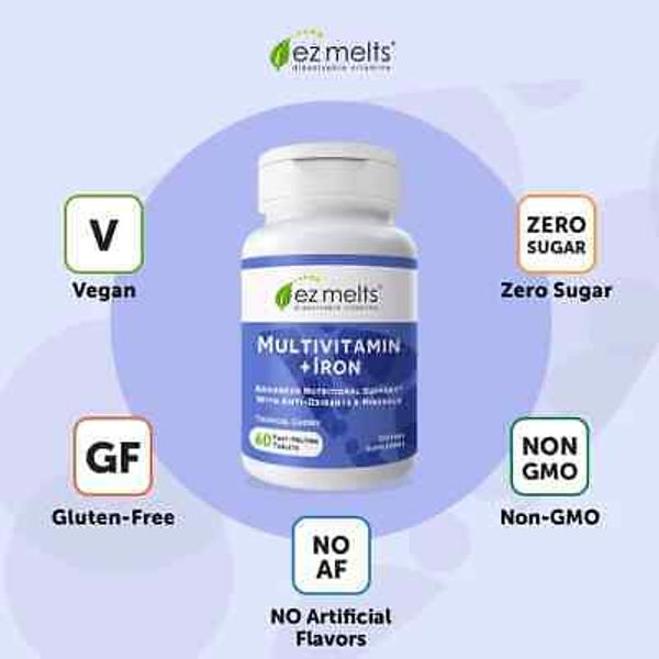 EZMelts MultiVitamin + Iron dissolving vitamins 60 tabs per bot no water needed
