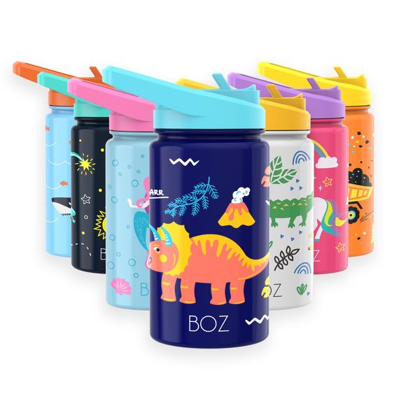 BOZ Kids Water Bottle for School with Straw Lid, Stainless Steel Insulated Water Bottle for Kids, Toddler Water Bottle, Leak Proof Water Bottle for Kids and Toddlers - 414 ml (Dinosaur)