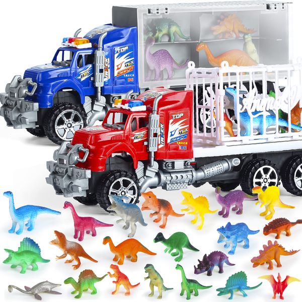 Hayuyuxo 25Pcs Dinosaur Truck Carrier with Dinosaur Playset and Play Mat, Dinosaur car,Dinosaur Toys and Transport Car Toy Set for Kids Boy Girl Play Birthday Party Favors