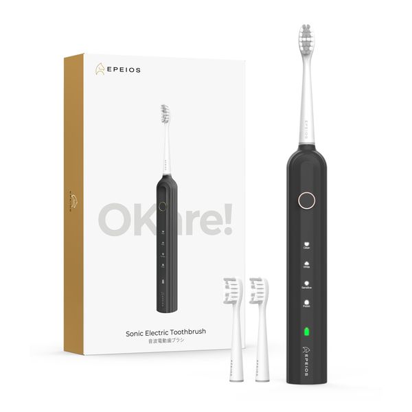 Epeios Electric Toothbrush, Sonic Toothbrush, 2 Replacement Brushes, Type-C Rechargeable, Low Noise, 4 Hours Quick Charge, 180 Days Usage, Sonic Toothbrush, 4 Modes, IPX7 Waterproof, Memory Function,