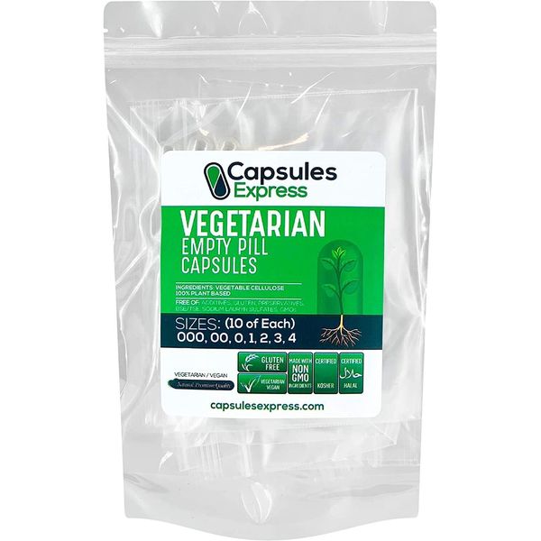 Size Sample Pack Clear Empty Vegetable Capsules Ten Each of Sizes 000-4 Vegan