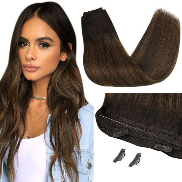 Sunny Dark Brown Hair Extensions Fish Line Real Human Hair Invisible Wire Human Hair Extensions Darkest Brown Balayage Medium Brown Couture Wire #2/2/6 Fish Wire Extensions for Women 18 Inch 80g