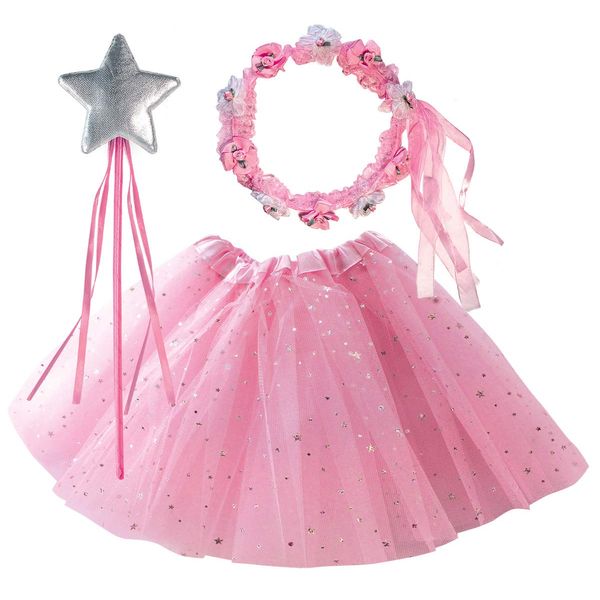 OLYPHAN Tutu Costumes for Kids: Pink Tutu Costume Toddler Girls Dress Up/Star Magic Wand & Flower Princess Crown Halloween