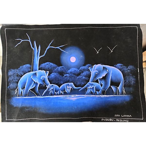 Elephant Family Black Velvet Wall Art Hand Printed Home Decor Art 24 x 18