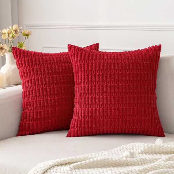 MIULEE Pack of 2 Red Corduroy Decorative Throw Pillow Covers 18x18 Inch Soft Boho Striped Pillow Covers Modern Farmhouse Home Decor for Sofa Living Room Couch Bed