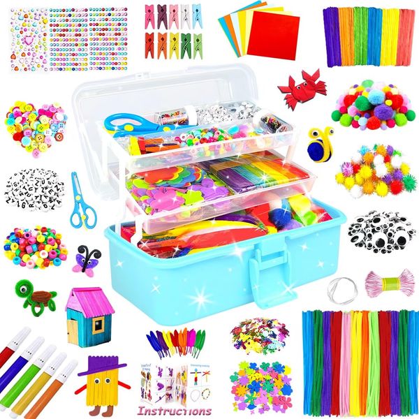 3000 Arts and Crafts Supplies for Kids Craft Kit All in 3 Layered Craft Box with Pipe Cleaners Crafts for Kids Age 4-6, 6-8, 8-12 DIY School Supplies Materials Set Toys Gifts for Girls Boys, Blue