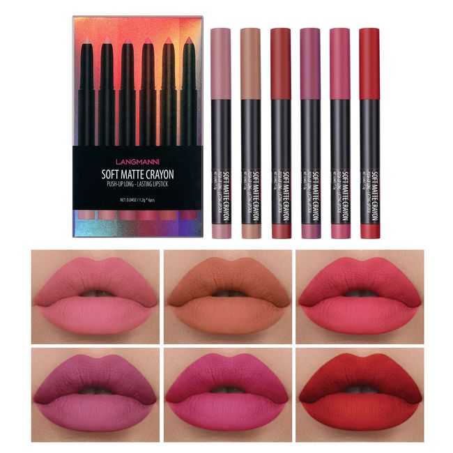 Velvet Matte Lipstick Set Petansy 6 Colors Crayon Lipstick Pen Waterproof Long Lasting Matte Lip Pencil Set with Gift Box