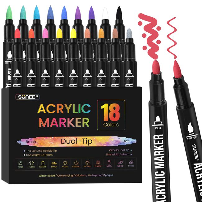 SUNEE 18 Colors Acrylic Paint Pens, Dual Tip Marker Pens With Medium Tip and Brush Tip, Paint Markers for Rock Painting, Wood, Canvas, Stone, Glass, Ceramic Surfaces, DIY Crafts Making Art Supplies