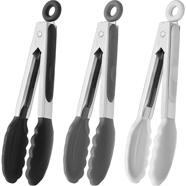 HINMAY 7-Inch Small Silicone Tongs Mini Serving Tongs Kitchen Cooking Tongs, Set of 3 (Black Grey White)