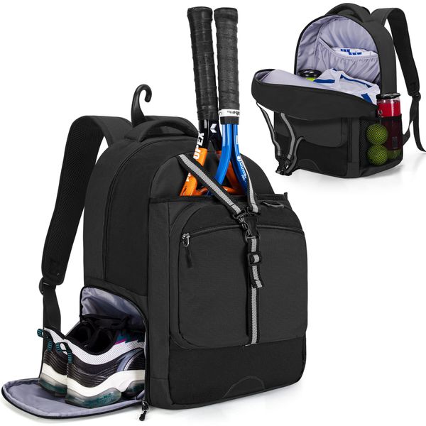 GOBUROS Tennis Backpack for Men/Women, Tennis Bag with Separate Ventilated Shoe Compartment, Multifunctional Sports Bag for Tennis/Badminton/Pickleball/Squach Racket and Accessories