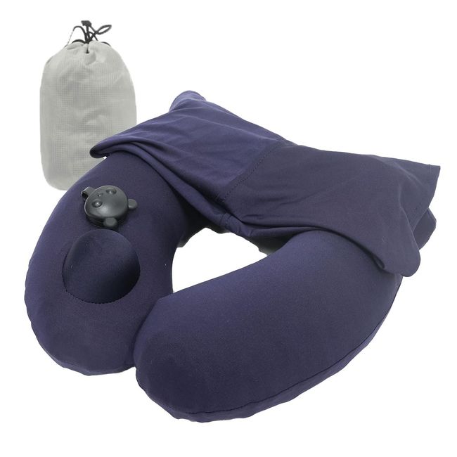 MRG Neck Pillow, Hooded, Travel, Convenient Goods, Airplane, Air, Air, Neck Pillow, 2-Way, U-Shaped, Portable Pillow, Built-in Pump, Compact, Foldable, Washable, Air Pillow, Air Cushion, Eye Mask Function, Blindfold, Storage Bag, Breathable, Non-stuffy, L