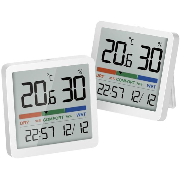 NOKLEAD Room Thermometer Hygrometer Small Digital Temperature Humidity Meter Indoor Thermometers Sensor Air Monitor with Clock Comfort Display Calibration,2 Pack