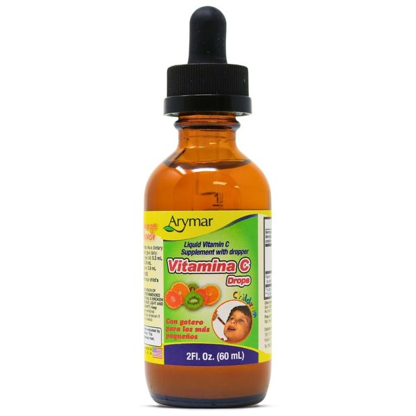 Arymar Kids' Vitamin C Drops 2 Fl Oz, Tangy Orange Flavor, Vegan, Made in USA