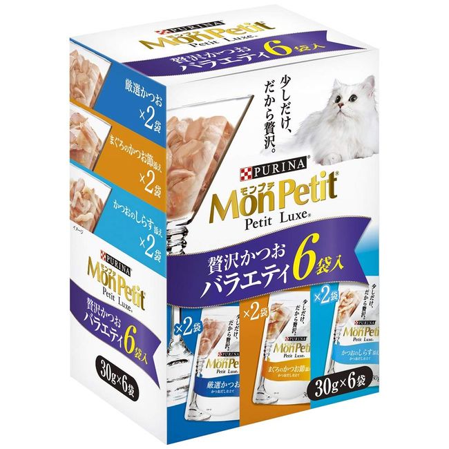 Monpuchi Cat Food, Petite Luxe Pouch, Luxurious Bonito Variety, 1.1 oz (30 g) x 6P