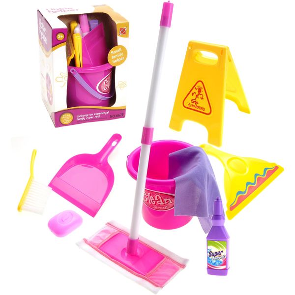 Children Cleaning Toy Playset with Mop, Brush, Bucket, Caution Sign, Pretend Play Broom and Mop Set for Kids Ages 3 4 5 6+ Christmas Birthday Party Gift for Girls Boys