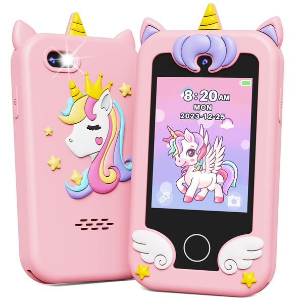 KOKODI Kids Smart Phone Toys, Birthday Gifts Unicorn Toddler Play Phone for Girls 3-10, Touchscreen HD Dual Camera Cell Phone for Kids, Travel Toy Preschool Learning Toy for Kids with 8GB SD Card