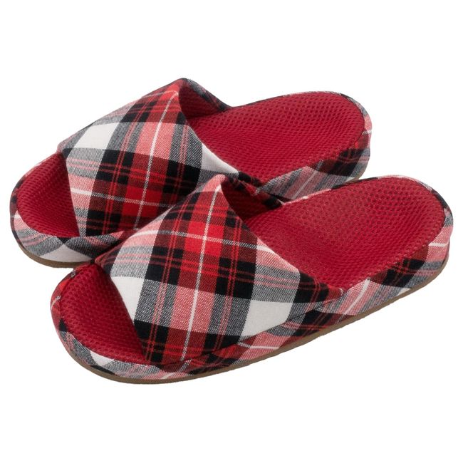 Okumura AAAAAA6908 RE Slippers, Sole, Acupuncture Point, Open Front, Mesh, Comfort, Size M, Red Plaid