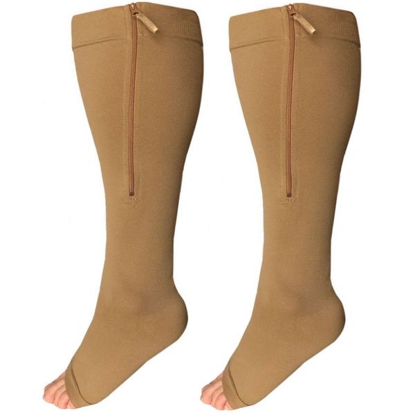 Runee Wide Calf Zipper Compression Socks, Open Toe, Extra Calf SupportRunee Wide Calf Zipper Compression Socks, Open Toe, Extra Calf Support (Beige)