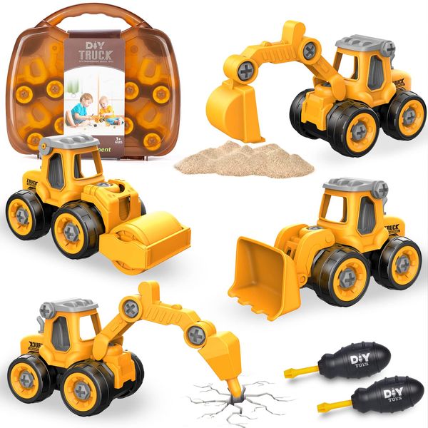 Eucomir 4 in 1 Construction Vehicles Digger Toys Set for 3 Years Old Boys, DIY Excavator Truck Toy with Screwdriver, Building Educational Take Apart Assembly Engineering Truck for Kids (Yellow)