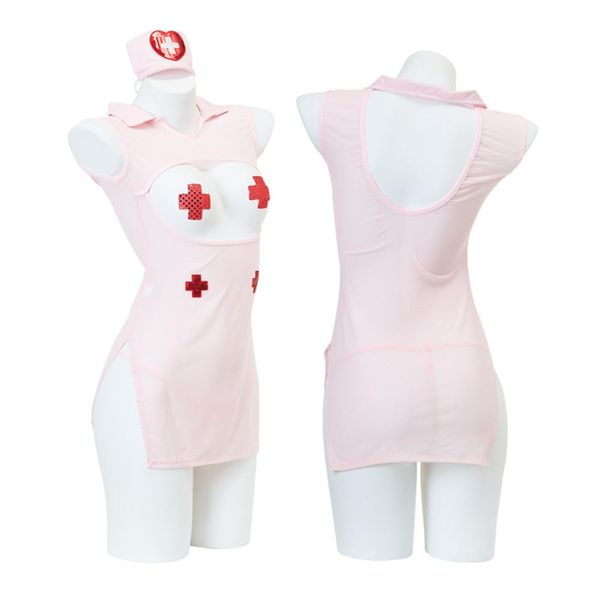 BAHELS Nurse Uniform, Sexy, Pink/White, Perforated, Nurse Cosplay, Apron, Cute, Temptation, Women's, Underwear, Adult Dating, Lover, Valentine's Day, Christmas, Anniversary Nipple Seal T-Back Headband