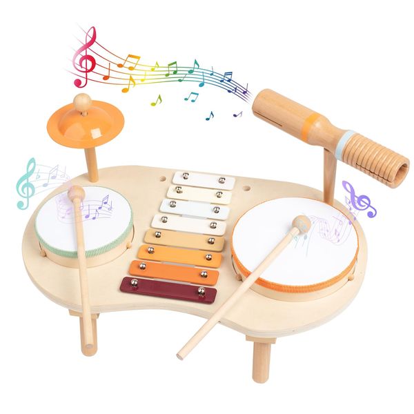 Kids Drum Set for Toddlers 3-5, Preschool Educational Baby Musical Toys, Wooden Musical Instruments for Kids Ages 5-9, Montessori Toys for 3+ Year Old, Birthday Gifts for Girls Boys