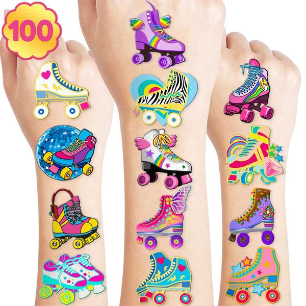 100 PCS Roller Skate Skating Temporary Tattoos Themed Birthday Party Favors Decorations Supplies Decor Retro 80s 90s Disco Skateboard Tattoo Stickers Gifts For Boys Girls Class Prizes Carnival