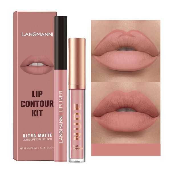 2Pcs Lip Liner und Lippenstift Set, Matte Lippenkonturenstift Lippenstift Makeup Kits, Pigment Samtig Nude Lippenfleck Wasserfestes langanhaltendes Lipgloss Make up Geschenkset (#08)