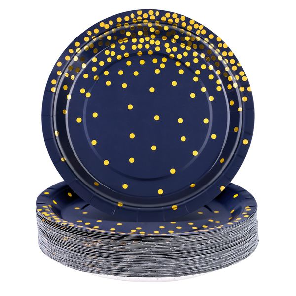 Aneco 60 Pieces 7 Inches Disposable Paper Plates Navy Blue Paper Plates Blue and Gold Foil Dot Dessert Plates Round Paper Plates for Wedding Bridal Shower Birthday Party Decorations