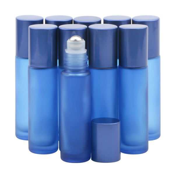 Rowiz 10PCS 10ml Blue Frosted Glass Bottle Leakproof Glass Bottle Essential Oil Roller Bottles Set With Stainless Steel Balls And Anodized Aluminum Screwcap For Perfume & Aromatherapy Oils