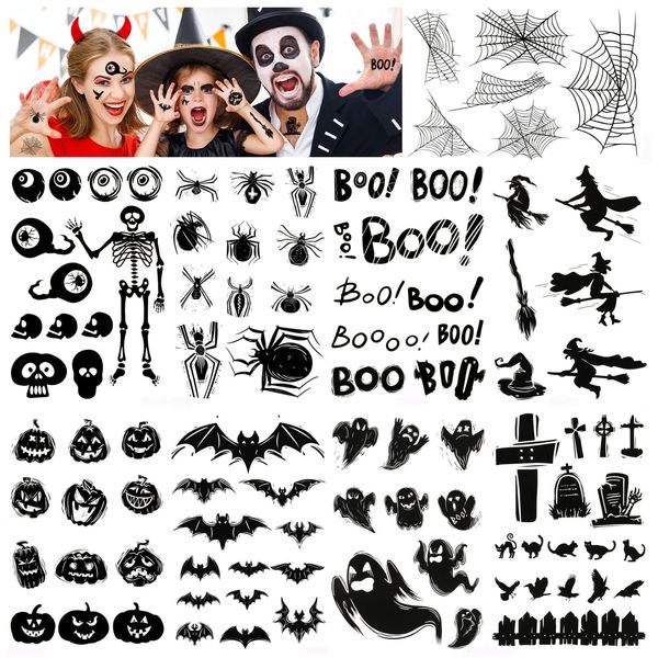 HOWAF Halloween Temporäre Tattoos Kinder Frauen Männer, Halloween Tattoos Aufkleber Halloween Spinnennetz Spinnen Tattoos Fledermäuse Kürbis Geist Skelett Fake Tattoos zum Aufkleben für Halloween Deko