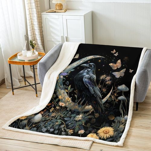 Black Crow Throw Blanket,Moon Daisy Flower and Butterfly Bed Blankets,Girls Boys Teens Room Decor,Halloween Theme Animals Plants Fleece Blanket Boho Trippy Fuzzy Blanket,for Chair/Sofa,50"×60"