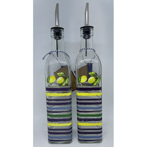 Home Essentials Oil & Vinegar Bottles 17 oz Each Lemons & Leaves Print ~ READ!