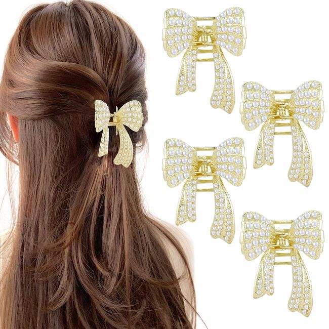 papasgix 4pcs Pearl Hair Claw Clips, Bow Claw Clips, Butterfly Hair Clips, Small Gold Metal Claw Clips, Hair Accessory for Women Girls (4pcs-Gold)