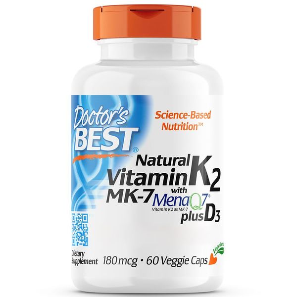 Doctor's Best, Natural Vitamin K2 MK-7, 180mcg with MenaQ7 Plus D3, 60 Capsules, Lab-Tested, Gluten Free, Soy Free, Non-GMO