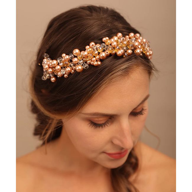 Chargances Wedding Bride Floral Red Headband Crystal Gold Hair Vine with  Pearl Rhinestone Hair Accessory Boho Delicate Hair Piece Jewelry for Women