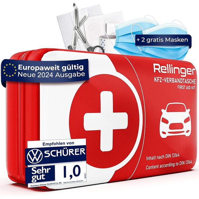 Rellinger® Verbandskasten Auto 2024 für TÜV geprüft [EUROPAWEIT GÜLTIG] - inkl. 2 med. Gesichtsmasken - Vollständiges Erste Hilfe Set [DIN 13164 ZERTIFIZIERT] - (StVO konform)