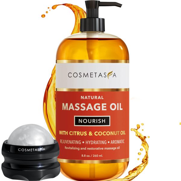 Natural Nourishing Massage Oil with Massage Roller Ball - Therapeutic Citrus & Coconut Massage Oils with Rejuvenating, Hydrating & Aromatic Essential Oils for Dry Skin, Soothes Muscle & Joints 8.8 oz