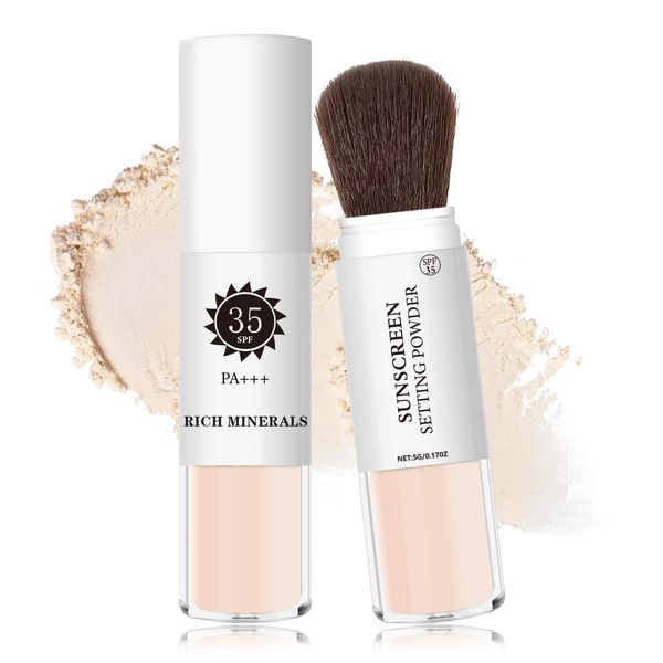 Mineral Sunscreen Setting Powder Mineral Brush Powder SPF 35 PA+++ Oil Control Matte Effect Lightweight Breathable Translucent Powder Setting Powder Sunscreen Makeup for Face with Brush-01 Translucent