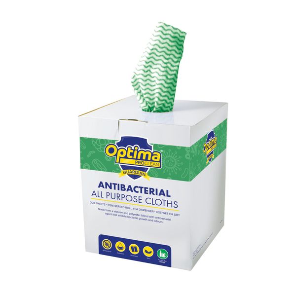 Optima Guardian, 200 Perforated J Cloths, All Purpose Cleaning Cloths in A Dispenser Box, Centre Feed Roll, Antibacterial Wipes, Professional Grade Cleaning Products, Kitchen Cloth, 37 x 22 cm, Green