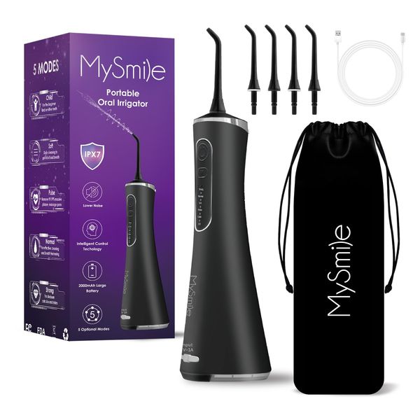 MySmile Water Dental Flosser for Teeth Cordless Oral Irrigator 5 Cleaning Modes 4 Replaceable Jet Tips IPX 7 Waterproof USB Rechargeable Water Dental Picks for Teeth Cleaning with PU Bag Black