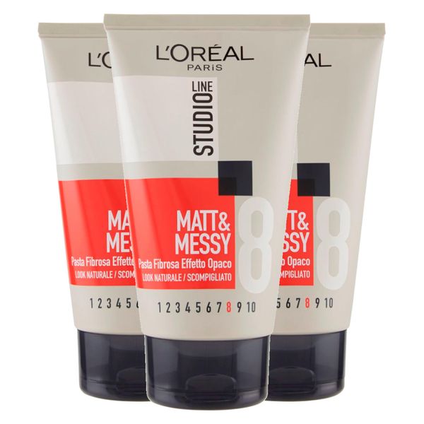 L'Oréal Paris Studio Line Matt&Messy Faserpaste, Matt-Effekt, wilder Look, Halt 8, sehr stark, 3 Flaschen à 150 ml