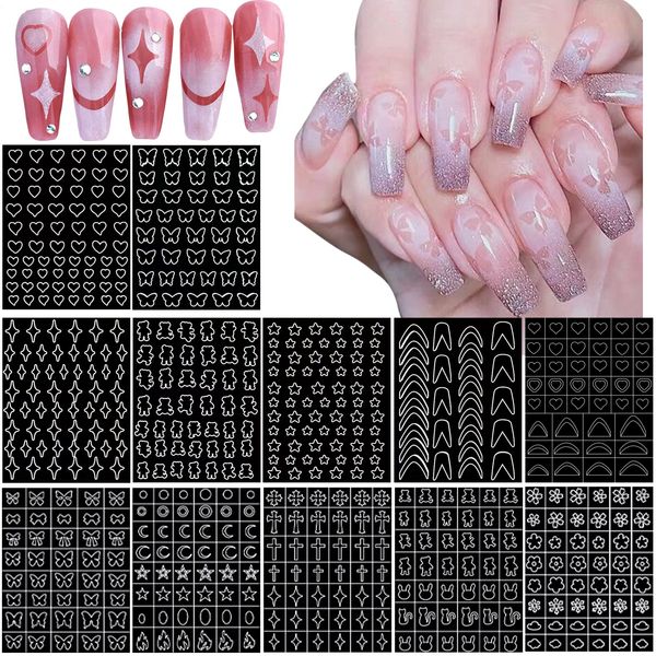 12 Sheets Airbrush Stencils Nail Stickers,HOINCO Heart Cross Butterfly Flower Moon Star French Nail Decals Printing Nail Stencil Tool DIY for Women Manicure Decoration